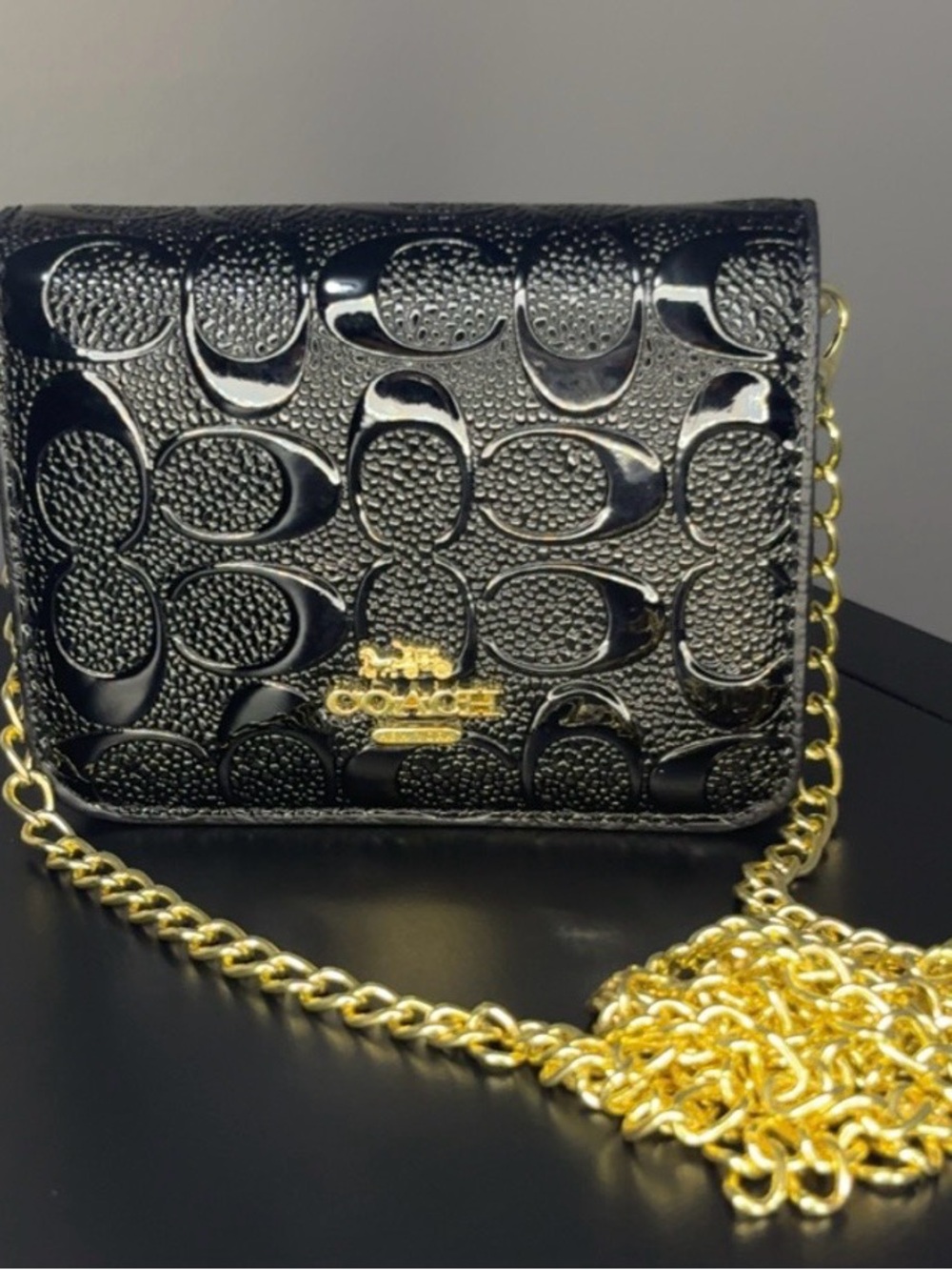 Coach Patent Signature Mini Crossbody - Black with Gold Hardware